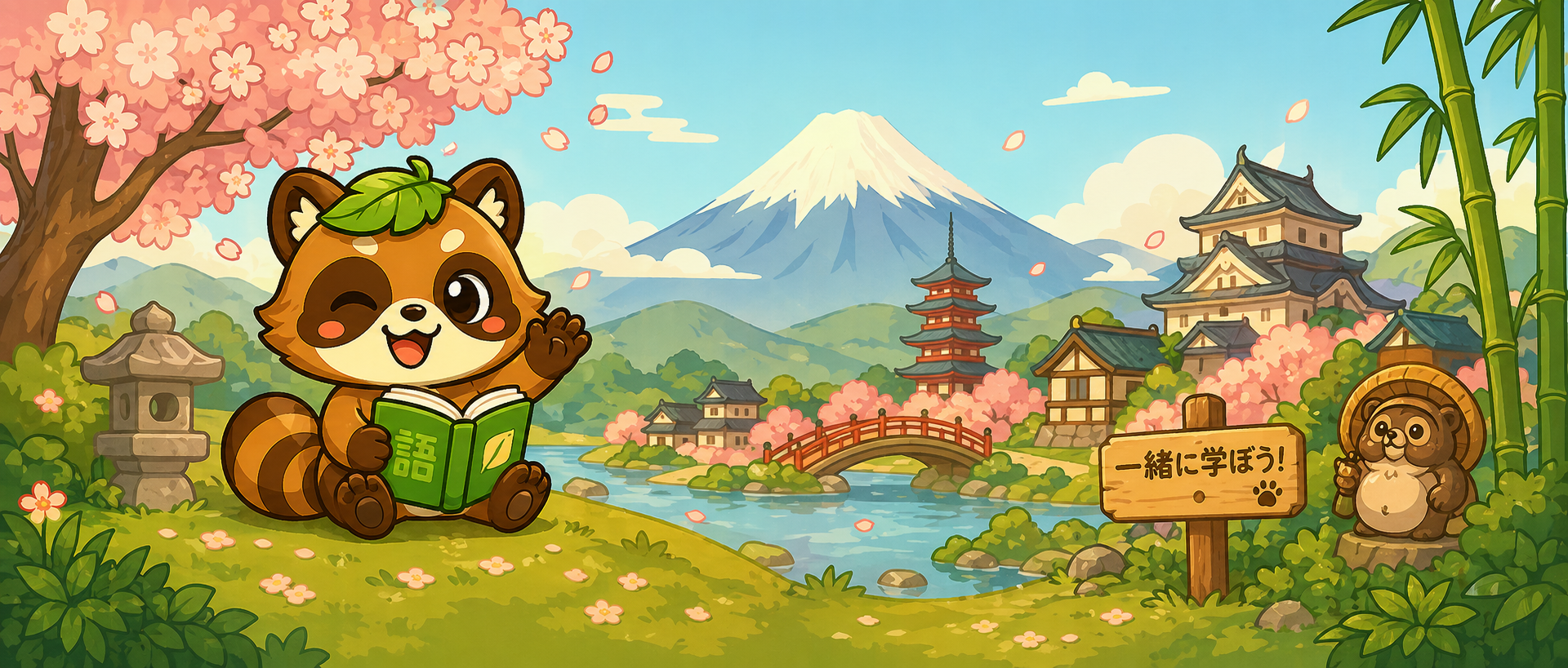 Tanji the tanuki reads in a sunny Japanese garden, surrounded by cherry blossoms, a red bridge and distant mountains.